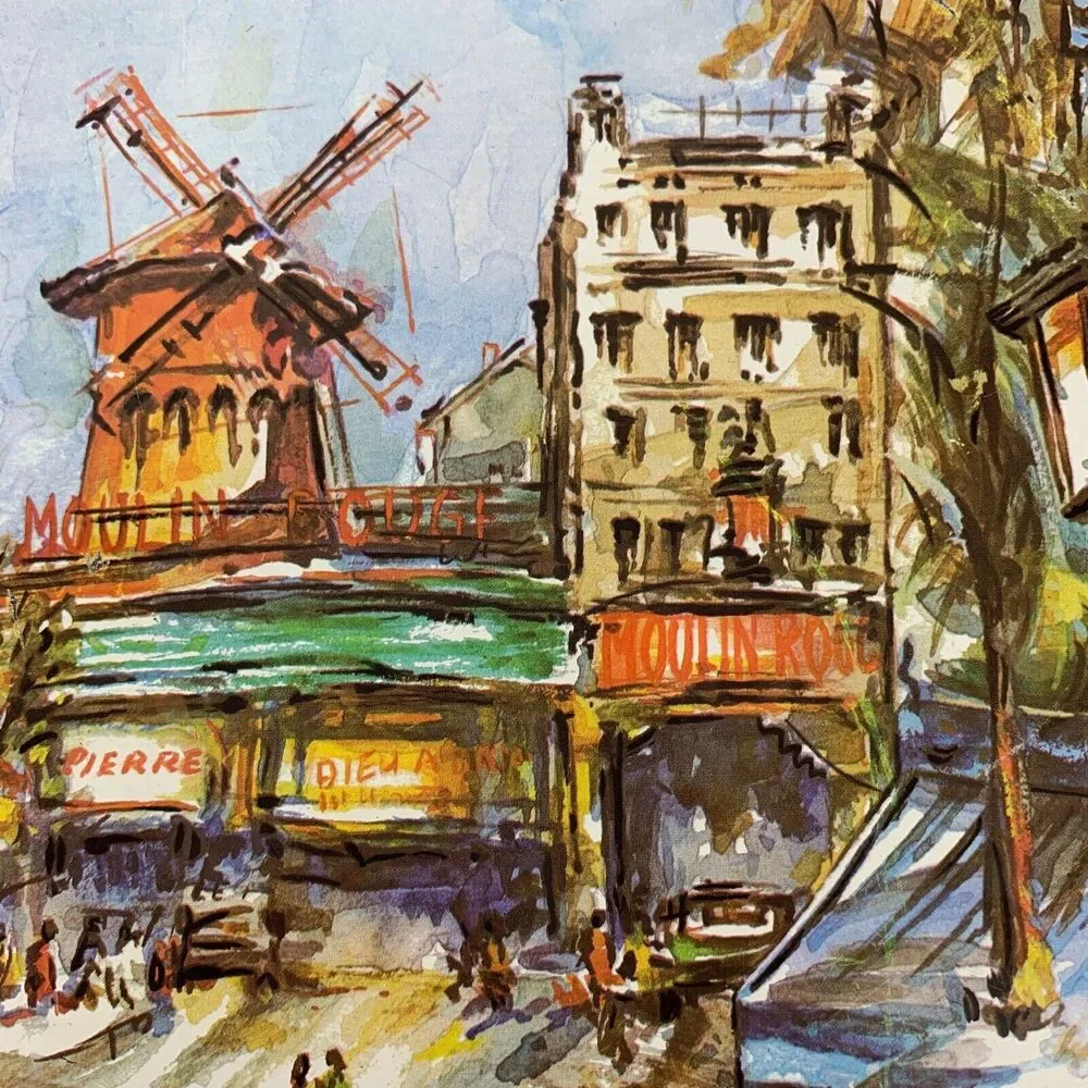 Vintage 70s Daher Metal Ware Tray PARIS Street Scene Moulin Rouge Windmill
